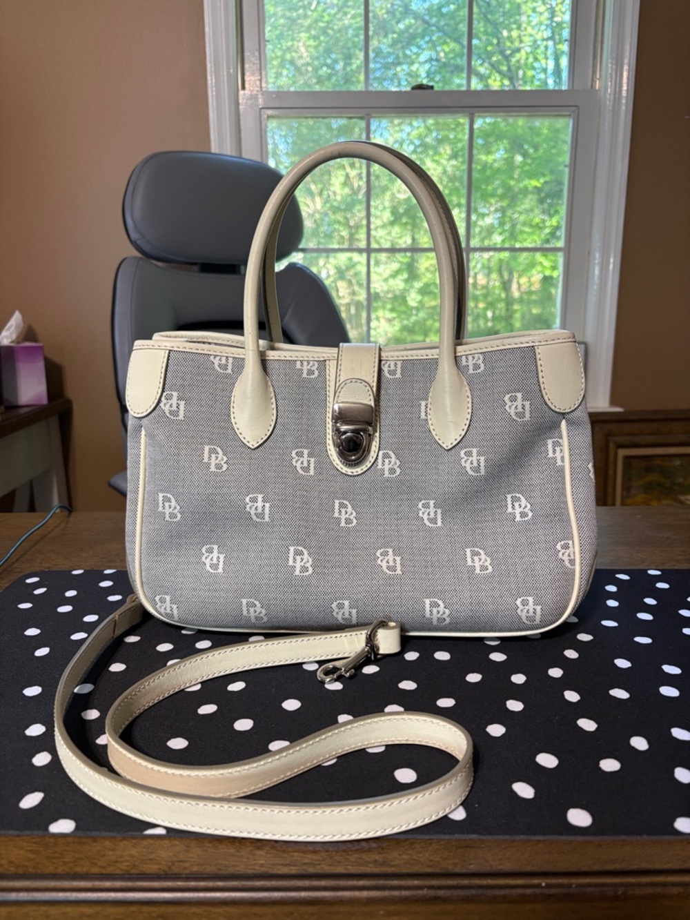 Dooney & Bourke Gray Canvas Satchel with Ivory Trim and Detachable Strap